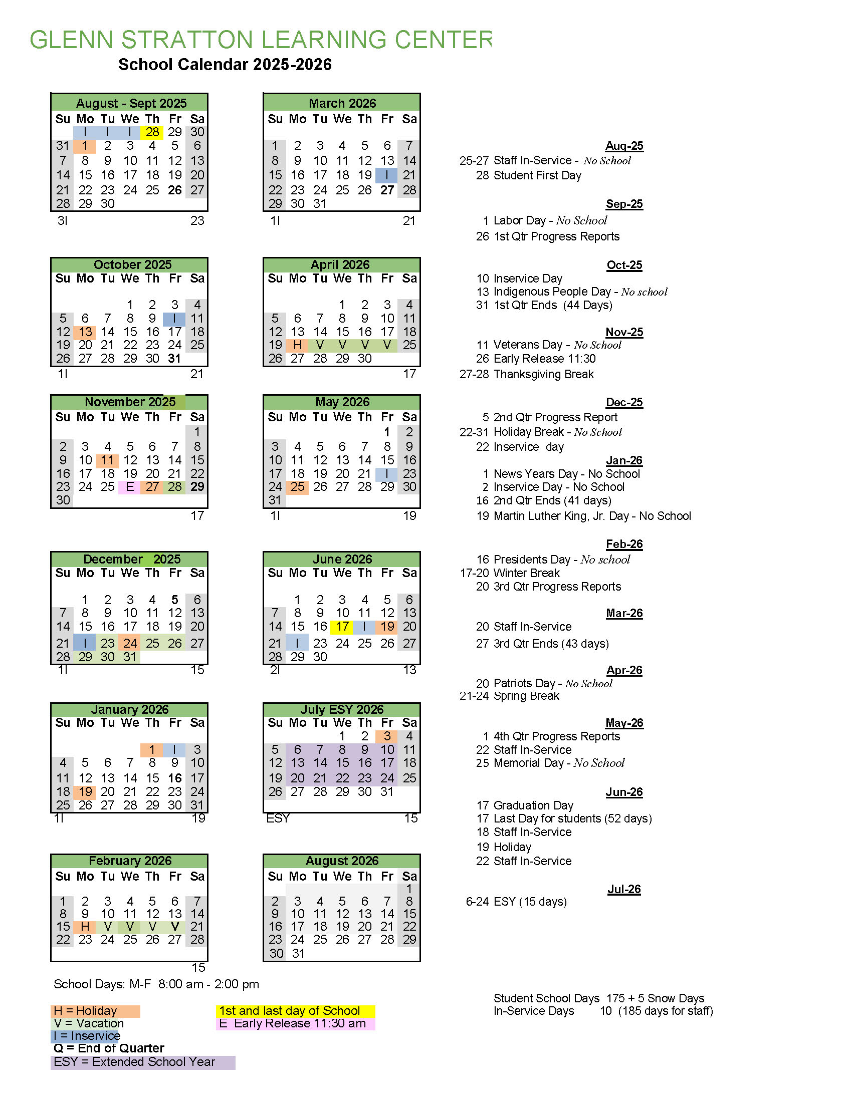 GSLC School Calendar 2025-2026